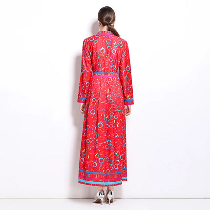 High-quality Fashion Print Elegant Versatile Dress For Women's Summer Autumn Polo Single Breasted Lace-up Slim Fit Long Skirt