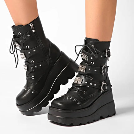 Women's Platform Wedge Ankle Boots Goth Punk Combat Motorcycle Boots Lace Up Side Zip Multi Buckles Studded Spiked Cosplay Shoes