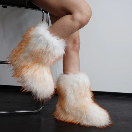 Women Faux Fur Fluffy Plush Furry Boots Comfortable Female Snow Boots Fur Shoes Outdoor Mid Calf Boots