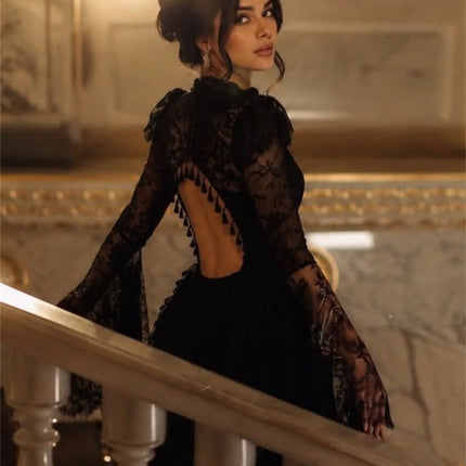 Elena Lace High Black Mermaid Formal Evening Gown Gothic Victorian Aesthetic Neck Sheer Illusion Modest Evening Wear Customized