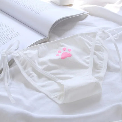 Women Sexy Bandage Cotton Panties Cute Cat Paw Bowknot Lovely Lolita Girls Briefs Erotic Ladies Low Waist Adjustable Underwear