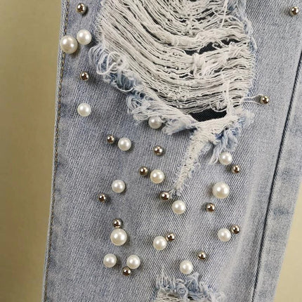 New Summer 2026 Women's Ripped Jeans with Heavy Beaded and Rhinestone,Ladies European Style High Waist Distressed Cropped Pants