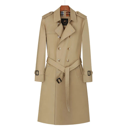 Men's trench coat long knee length with double breasted British plaid cotton lining down inner lining windbreaker mens