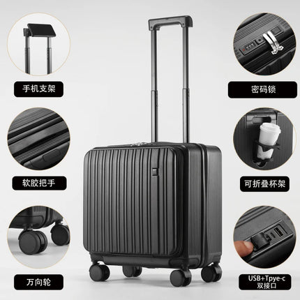 18 Inch Expandable Carry On Luggage Lightweight Front Opening Suitcase Password Lock USB Type C Cup Holder Spinner Wheels Travel