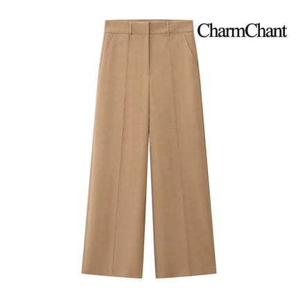 CharmChant Blazers and Suit Sets Khaki Double Breasted Wide Leg Pants Set Peak Lapel Tailored Fit Office Formal Business Suit