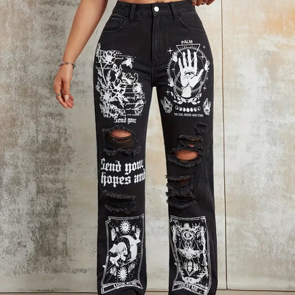 2025 New Style Women's Jeans Women's Spring And Autumn New Hot Selling Street INS Same Style Print Ripped Straight Jeans