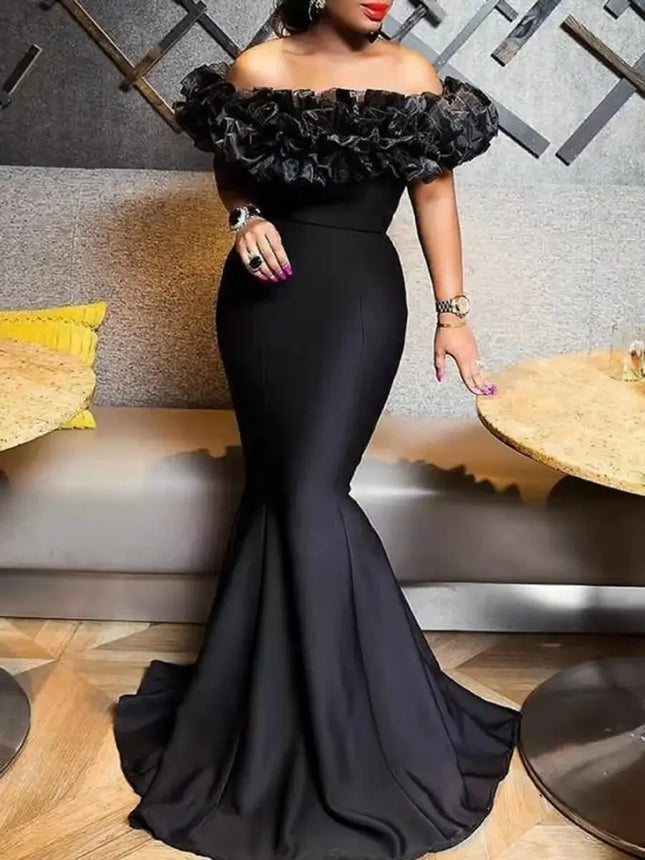 Elegante Abendparty Lange Kleider Damen Rüschen schulterfrei schmale Passform Meerjungfrauenkleid Einfarbig