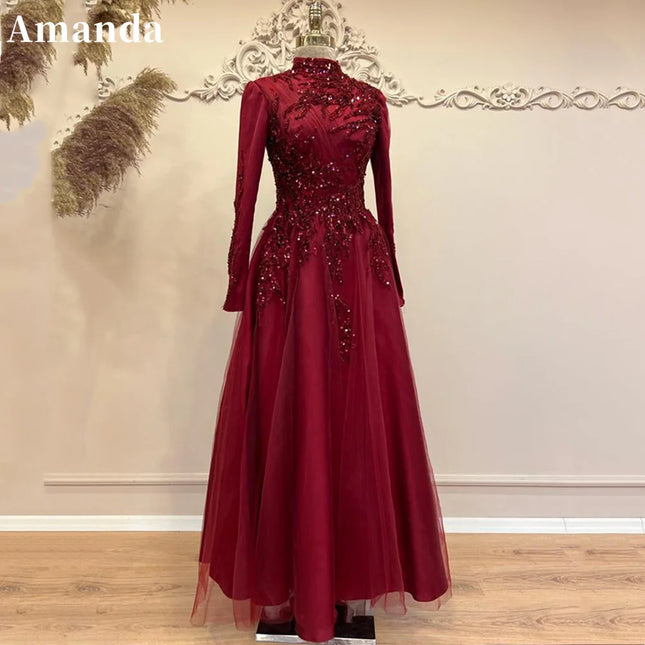 Amanda Elegantes, hochgeschlossenes Ballkleid, Pailletten, A-Linien-Abendkleid, Perlenstickerei, Partykleid, maßgeschneiderte formelle Kleider