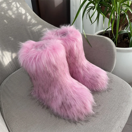 Women Faux Fur Fluffy Plush Furry Boots Comfortable Female Snow Boots Fur Shoes Outdoor Mid Calf Boots