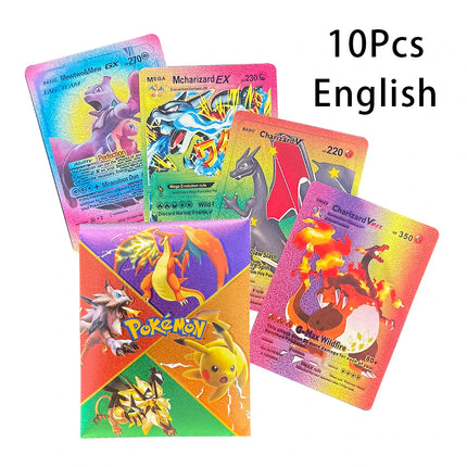 10Pcs Pokemon Colorful Shining Rainbow Cards English Vmax Gx Charizard Pikachu Trading Game Collection Battle Card Children Toys