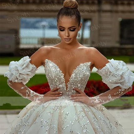 Glitter Wedding Dress Sequins With Beading Ball Gown Detachable Full Sleeve Strapless Bride Zipper Customized Vestido De Novia