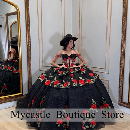 Black Mexican Red Roses Embroidery Quinceanera Dress Ball Gown 2026 Off The Shoulder Sweet 15 16 Dress Birthday Gown Customized
