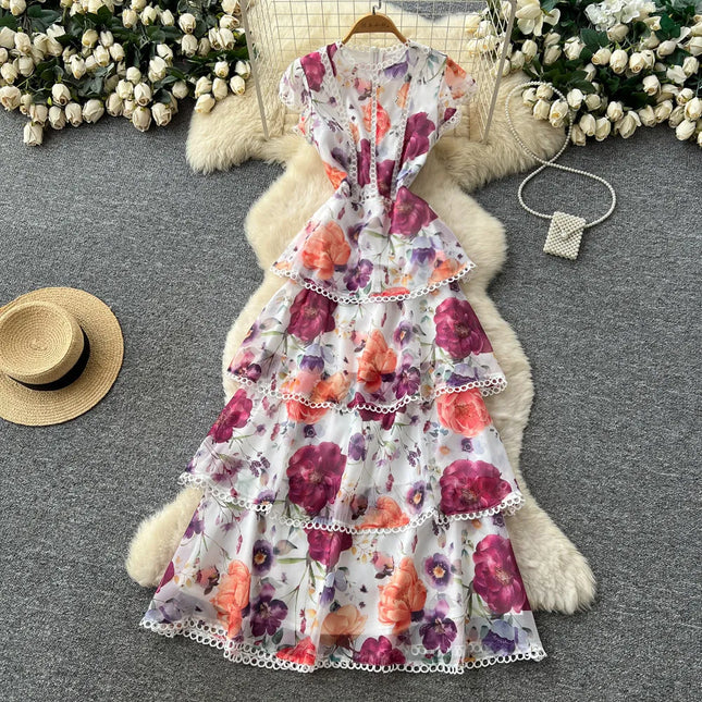 Langes Kleid Damen Kuchenkleider A-Linie Vestidos Y2k Streetwear Rüschen Hohe Taille Elegant Spleiß Party Nacht Arbeit Print Floral