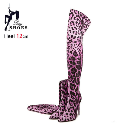 Purple Gradient Leopard Print Long Boots Women Thigh High Elastic Socks Boots 11CM Stiletto Over-the-Knee Spring Autumn Shoes