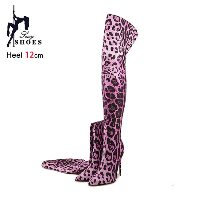 Purple Gradient Leopard Print Long Boots Women Thigh High Elastic Socks Boots 11CM Stiletto Over-the-Knee Spring Autumn Shoes