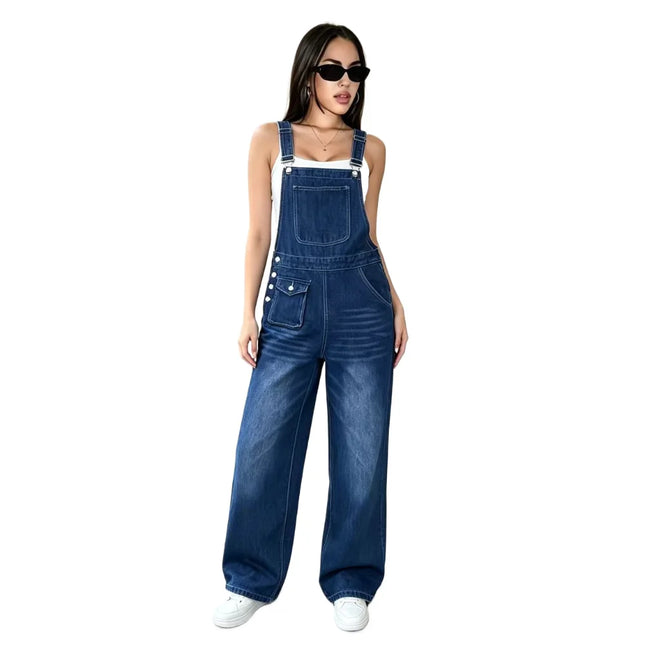 Womens Wide Leg Denim Overalls Loose Washed Straight Cargo Overalls Adjustable Straps Multi Pocket Jeans