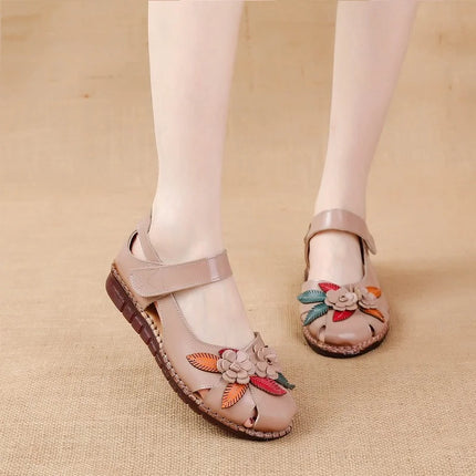 Size 42 Flat Heel Genuine Leather Sandals Woman Summer Hollow Out Shoes Mom Women's Retro Flower Orthopedic Sandals for Ladies