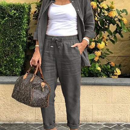 Spring Autumn New Cotton Linen Roll Up Sleeved Shirt Women's Suit Fashion Pocket Elastic Waist Female Office Pants 2 Piece Set