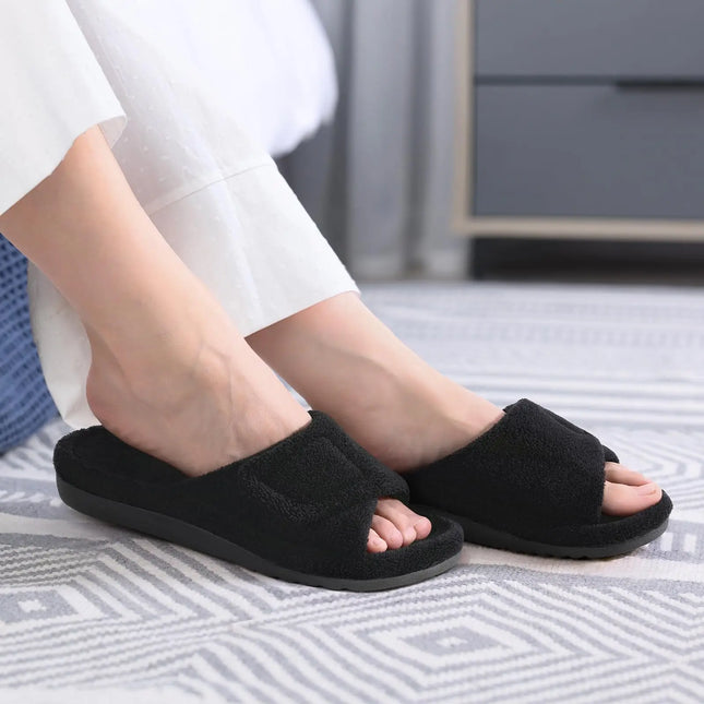 Comwarm Winter Women's Fur Fuzzy Slippers Adjustable Open Toe Furry Slide With Arch Support Four Seasons Cozy Fluffy House Shoes
