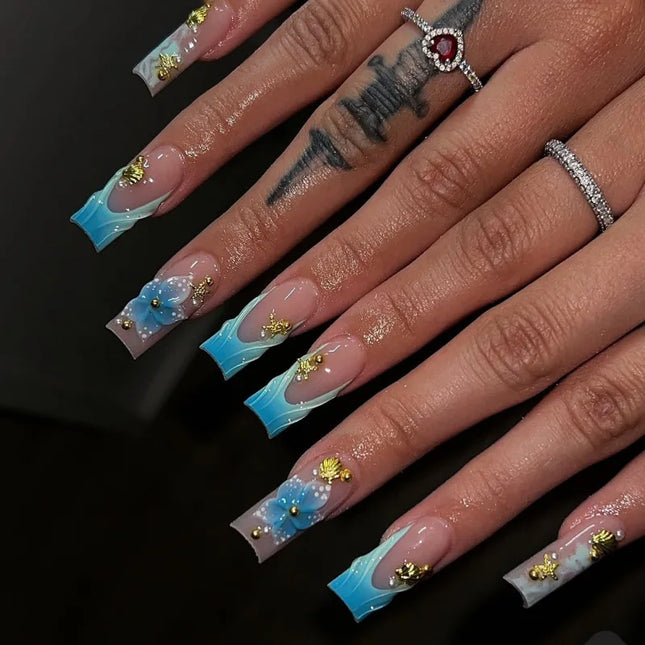 24 Uñas postizas cuadradas medianas dulces con pegamento, flores rosadas, uñas postizas de cobertura completa, prensa acrílica francesa en uñas para niñas