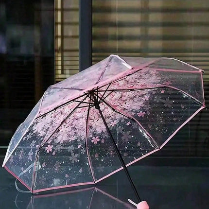 Portable And Easy To Carry, Cute And Fresh Design; Minimalist Sakura Transparent Umbrella; Adorable Sakura Pattern Transparent Umbrella; Foldable Umbrella; Ladies' Manual Umbrella; Travel Umbrella; Travel Essential; Unisex De
