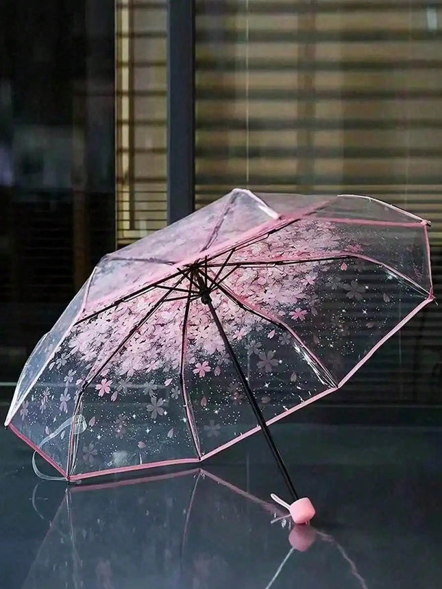 Portable And Easy To Carry, Cute And Fresh Design; Minimalist Sakura Transparent Umbrella; Adorable Sakura Pattern Transparent Umbrella; Foldable Umbrella; Ladies' Manual Umbrella; Travel Umbrella; Travel Essential; Unisex De