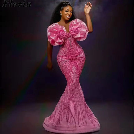 African Aso Ebi Pink Mermaid Prom Dresses  Pearls Evening Dress Black Girls Wedding Party Gowns Vestidos De Cóctel Customized