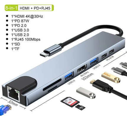 USB-C Hub 8In1 7in2 7in1 USB-C 3.1 To 4K HDMI Adapter with RJ45 SD/TF Card Reader PD Fast Charge for MacBook - product image