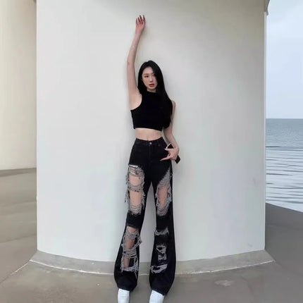 Women Summer Ripped Distressed Jeans Denim Straight Wide LegFloor LengthPants Trousers Long Loose Bottoms Girl Lady FemaleCasual