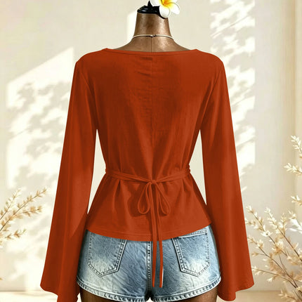Boat Neck Flare Long Sleeve Side Ruched Fitted Casual Blouse Slim Fit Basic Top