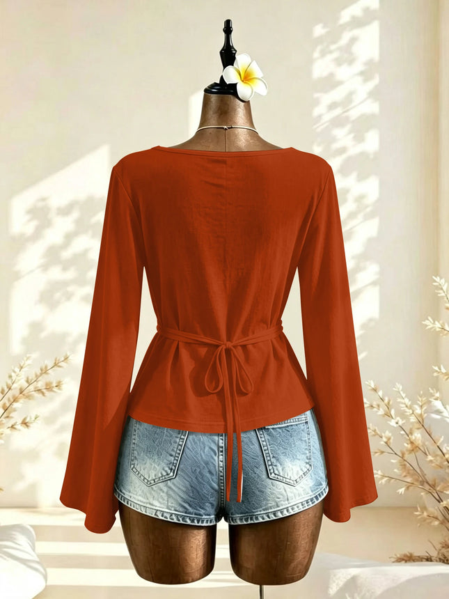 Boat Neck Flare Long Sleeve Side Ruched Fitted Casual Blouse Slim Fit Basic Top