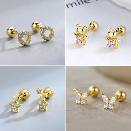 Korean Fashion Pink Zirconic Bear Screw Earrings For Women Girls Cute Animal Cartilage Helix Tragus Ear Piercing Jewelry Gift
