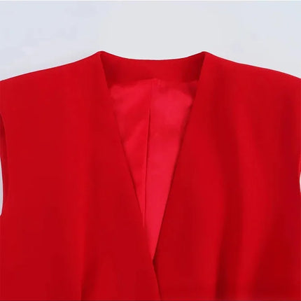 KONDALA Office Lady Chic Red Vest Blazer Suit V Neck Sashes Sleeveless Blazer High Waist Wide Leg Pants Fashion 2025 Summer Sets