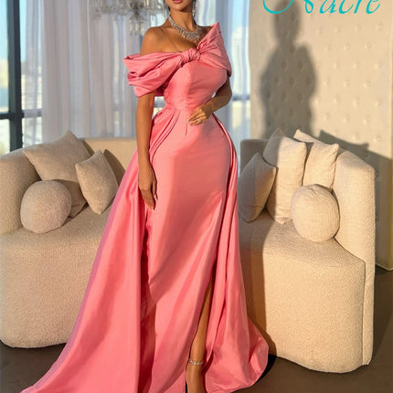 Customized Luxury Bow Boat Neck Evening Dress Simple Satin Mermaid Prom Dresses Modern Chapel Train Special Occasion Gowns