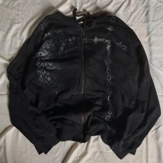 Sudadera con capucha Harajuku negra, estilo gótico de calle, con calavera, cremallera, extragrande, para hombre y mujer, Hip Hop, informal, con personalidad.