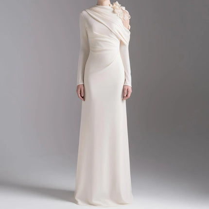 Customized A-line Evening Dresses Floor-length High-neck Full Sleeve Prom Gown Fashion Flowers Simple Draped Casual Party Gown