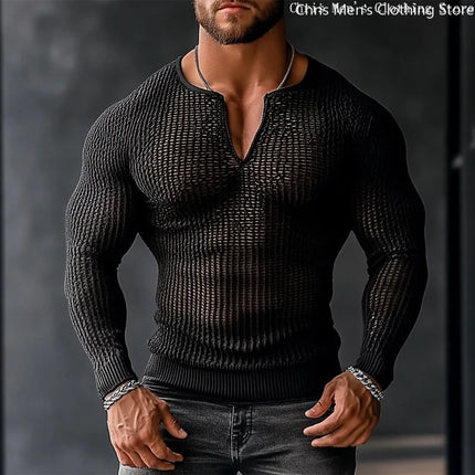 Casual Transparent Mesh Long Sleeve Shirt New Sexy Perspective Men Long Sleeve V-neck T-shirt Top Bar Club Hollow Mesh Men's Top