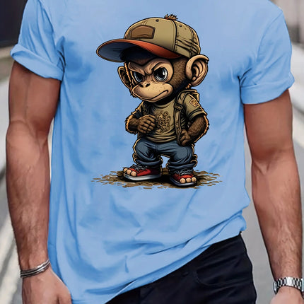 Men's Summer 100% Cotton round Neck T-Shirt Casual Loose Fit Cartoon Monkey Pattern Printed Short Sleeve Fashionable Sports Tee
