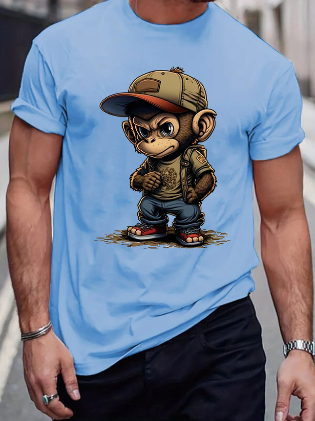 Camiseta de cuello redondo de algodón 100% para hombre, de verano, corte holgado, estampado de mono de dibujos animados, manga corta, a la moda, deportiva