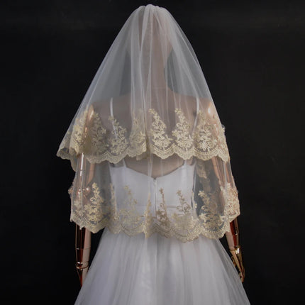 Women Bridal Veil Gold 2 Layers Short Tulle With Comb Wedding Accessories Real Sample
