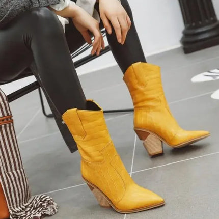 New Classic Embroidered pointed Sexy Cowboy Boots for Women Leather Cowgirl Boots High Heels Shoes Mid Calf Woman Boots Large