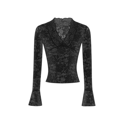 Sexy V-Neck Sheer T-Shirts Flare Long Sleeve Spring Lace Slim Pullovers Tops Casual Evening Party Club Chic