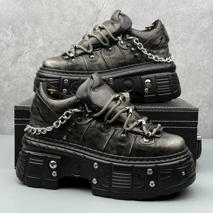 8cm High Leather Casual Shoes for Men Punk Metal Rivet Thick-Soled Mans Shoes Fashion Retro Heightening Leather Shoes Zapatillas