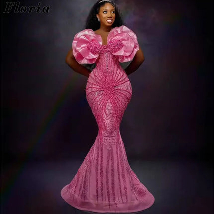 African Aso Ebi Pink Mermaid Prom Dresses  Pearls Evening Dress Black Girls Wedding Party Gowns Vestidos De Cóctel Customized