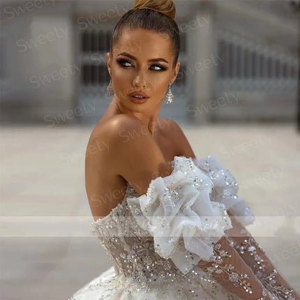 Glitter Wedding Dress Sequins With Beading Ball Gown Detachable Full Sleeve Strapless Bride Zipper Customized Vestido De Novia