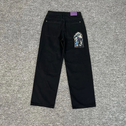 Real Photos Derschutze Jeans High Quality Pattern Embroidery Denim Trousers Retro Grey Street Men Women Pants