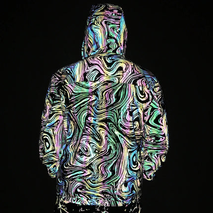 Spring And Autumn Men's Colorful Reflective Swirl Jacket Hooded Zipper Technology Long Sleeve Jacket Hip Hop Reflective Top