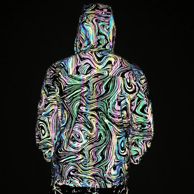 Herren Frühling und Herbst Bunte Reflektierende Wirbel Jacke Kapuze Reißverschluss Technologie Langarmjacke Hip Hop Reflektierendes Oberteil