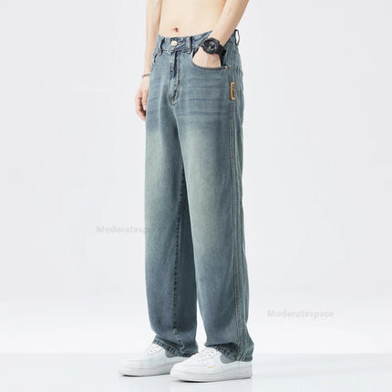 Stretch Jeans Men's 2024 New Lyocell Fabric High Quality Soft Loose Wide Pants Elastic Waist Casual Denim Trousers Streetwear