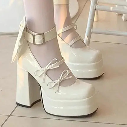 Thick Sole Women's Retro Fashion Mary Jane Shoes Elegant Waterproof Platform Big Bow Chunky Heels Lolita Single Shoes Tacones